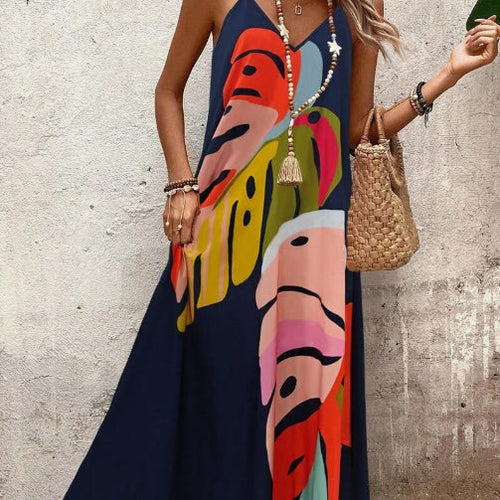 Abstract Tropical Print Spaghetti Strap V Neck Flowy Maxi Dress