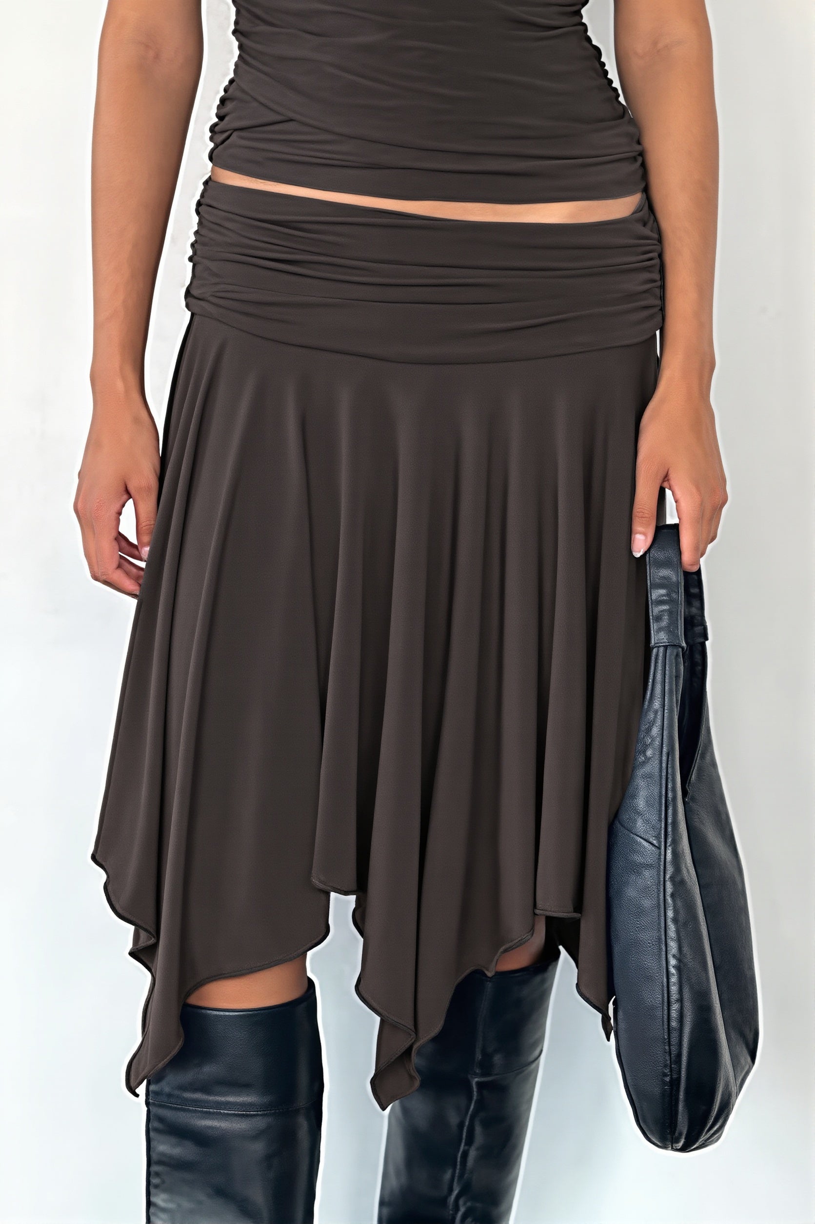 Ruffled Irregular Draped Midi Skirt