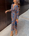 Paisley Print Twist Knot Front Long Sleeve Bodycon Midi Dress