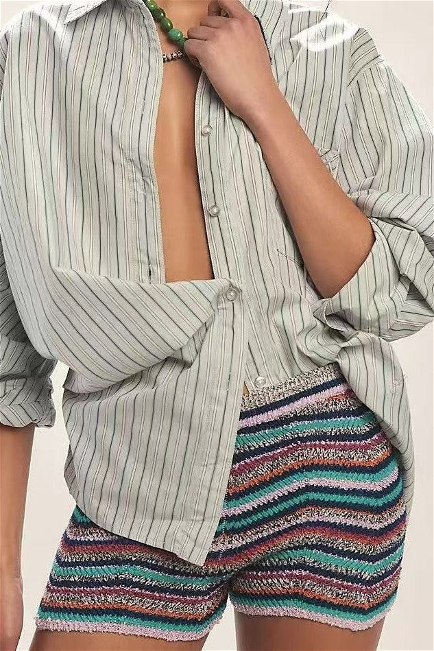 Rainbow Color Block Knit Slim Shorts