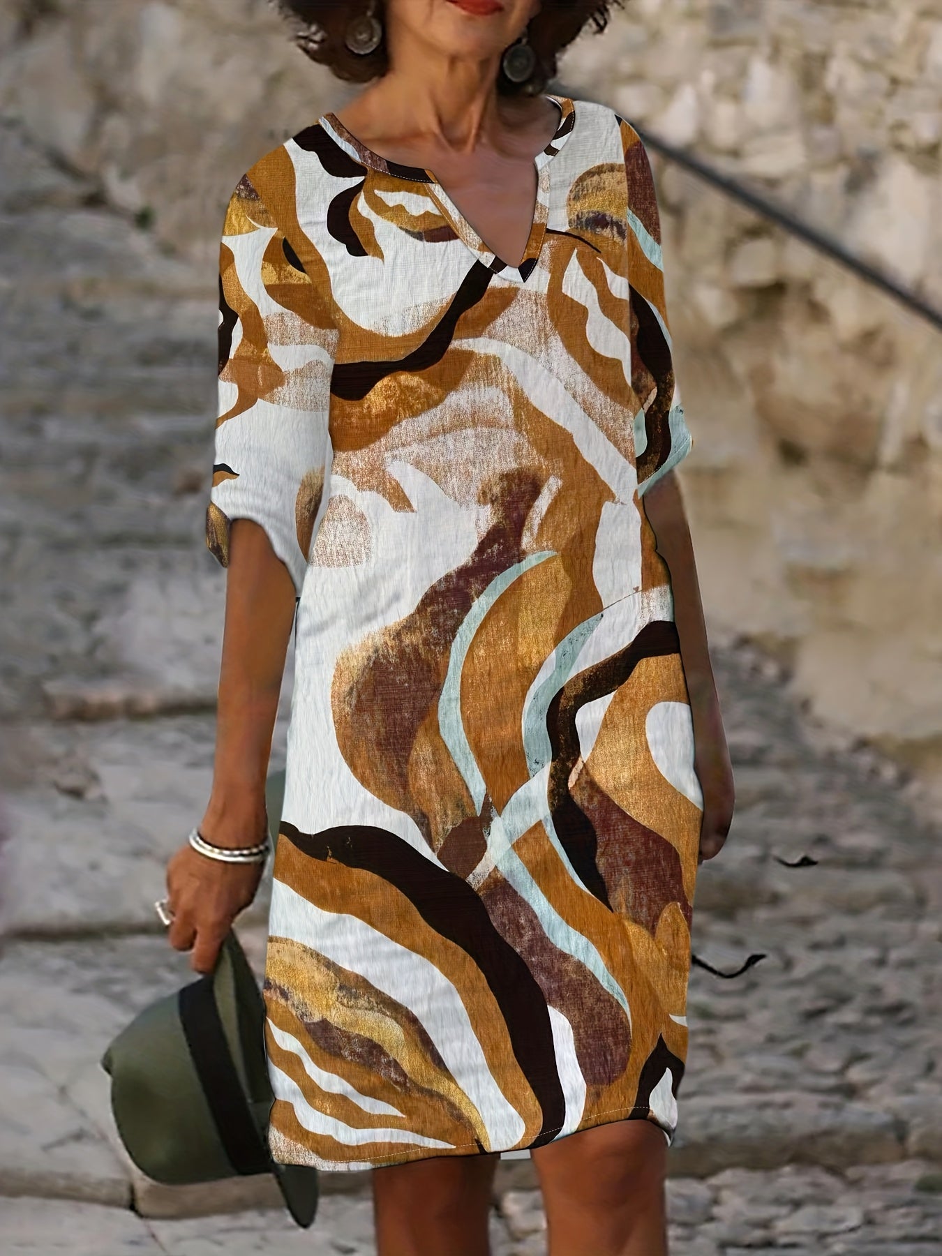 Women's Spring/Autumn Casual Straight-Leg V-Neck Printed Dress