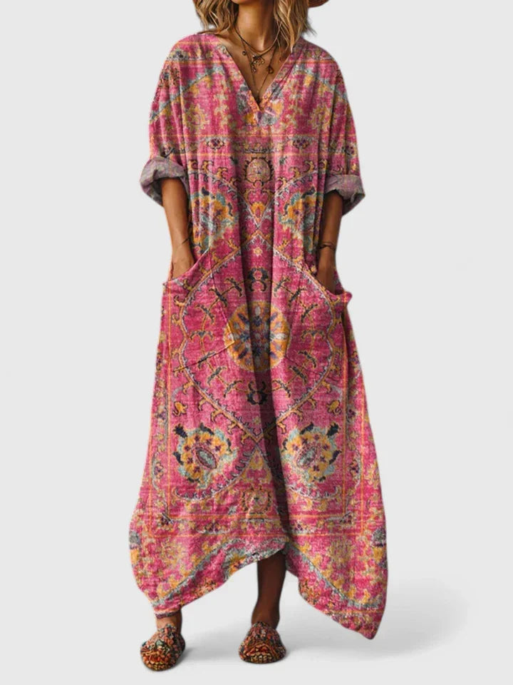 Paisley Print V Neck Patch Pocket Oversized Boho Maxi Dress