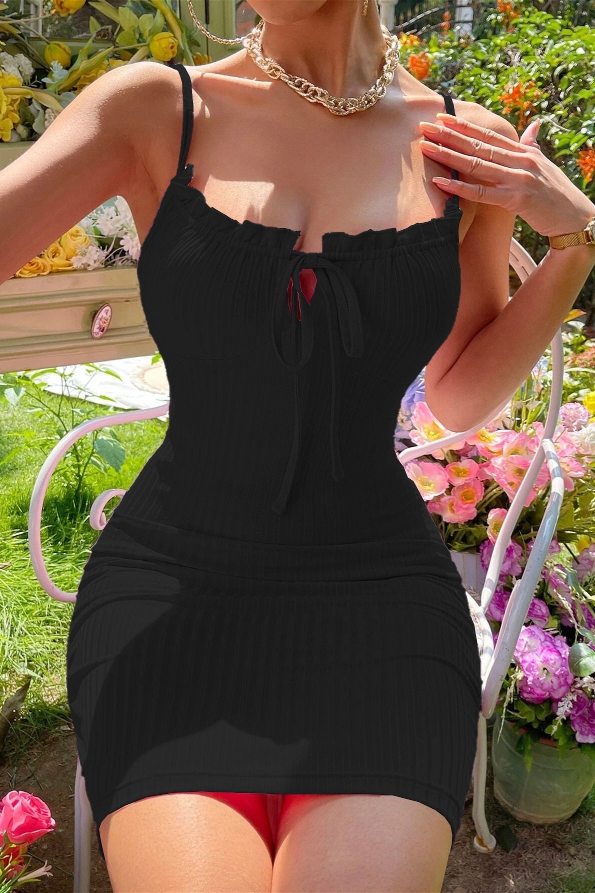 Slim Solid Cami Tie Bodycon Mini Dress