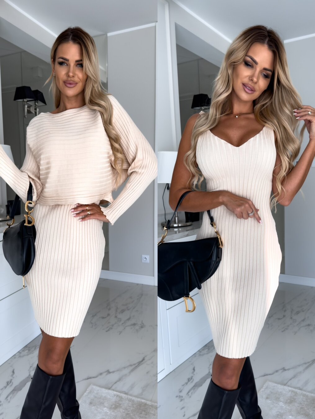 2pcs Suit Women's Solid Stripe Long-sleeved Skirt