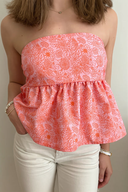 Floral Ruffle Strapless Cropped Blouse