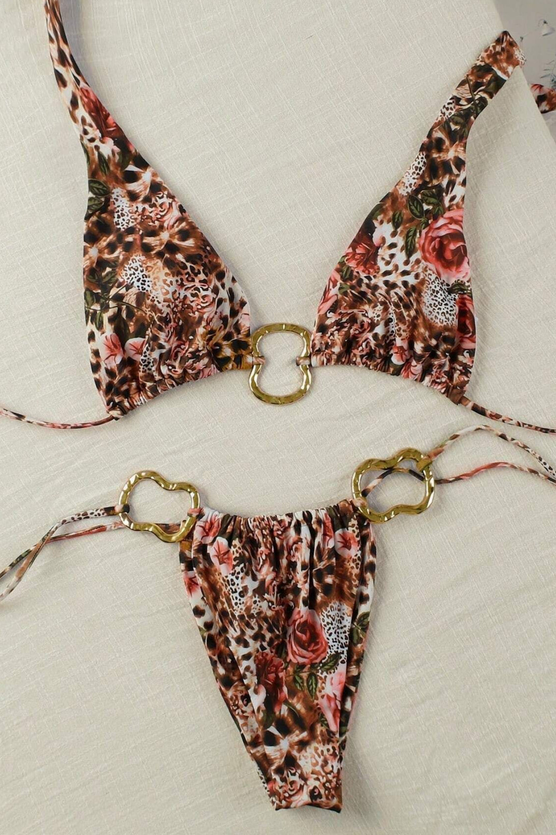 Sexy Leopard Floral Metal Bikini Set