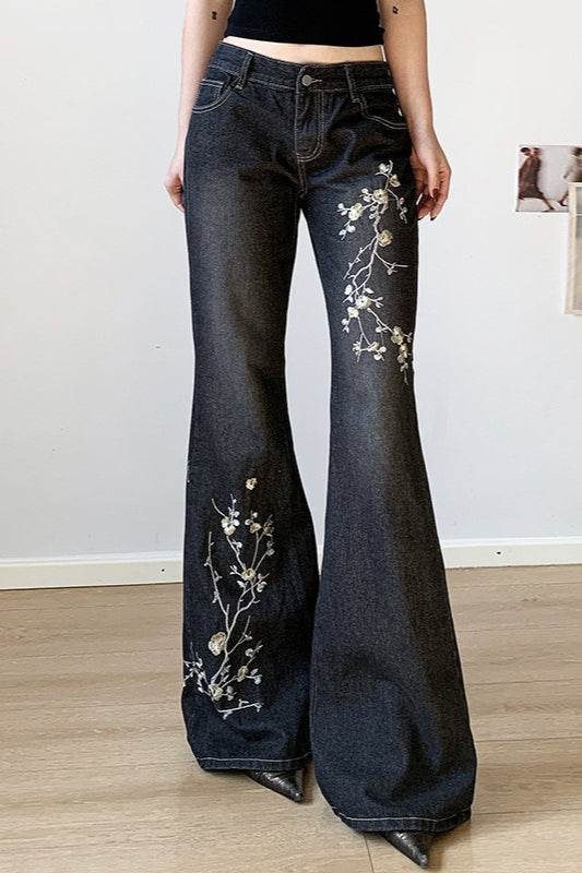 Plant Embroidered Low Waist Flare Jeans