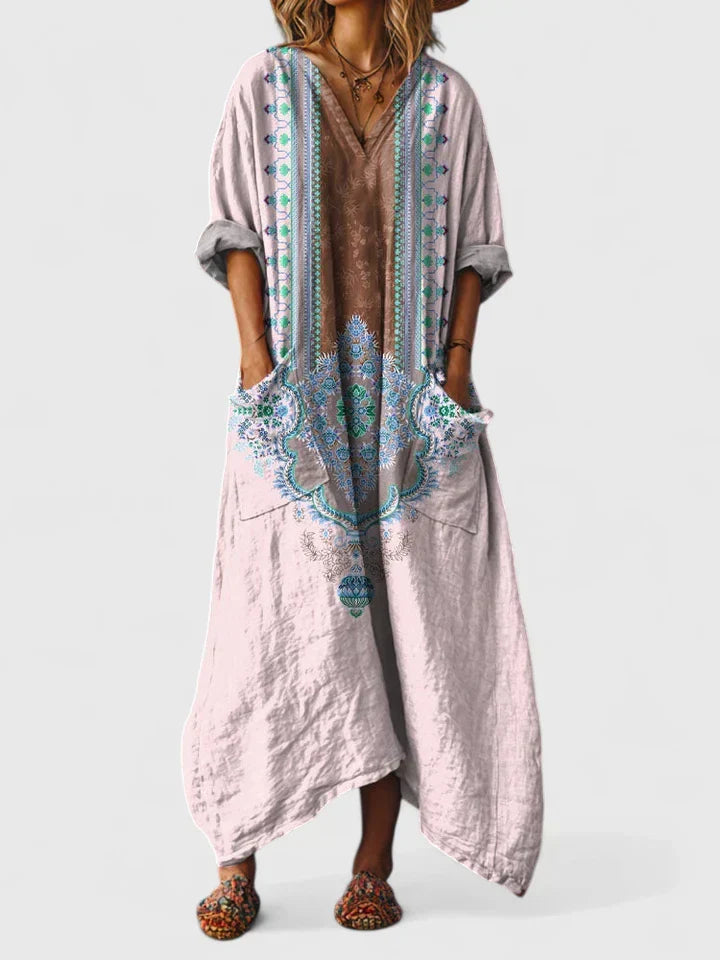 Paisley Print V Neck Patch Pocket Oversized Boho Maxi Dress