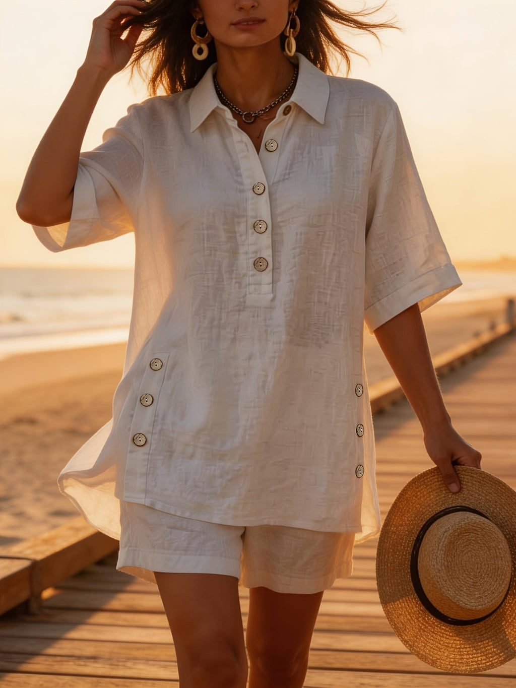 Linen Button Detail Collared Top and Short Set