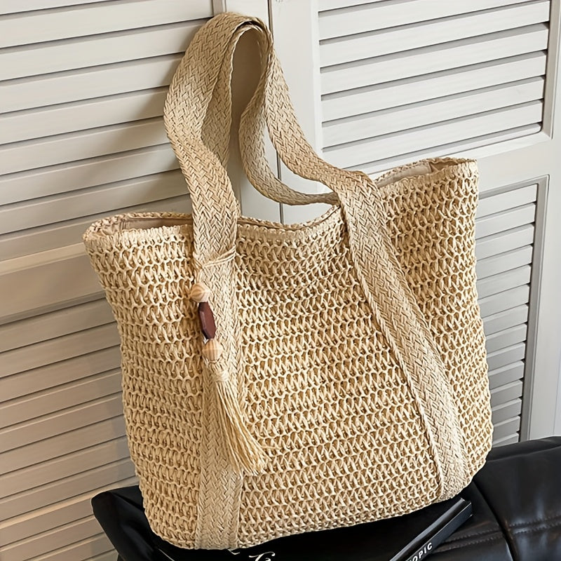 Woven Straw Tote Bag with Fringe Tassel Detail
