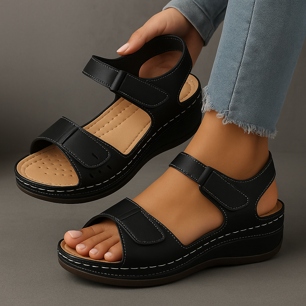 Hook Loop Strap Cushioned Wedge Casual Sandal