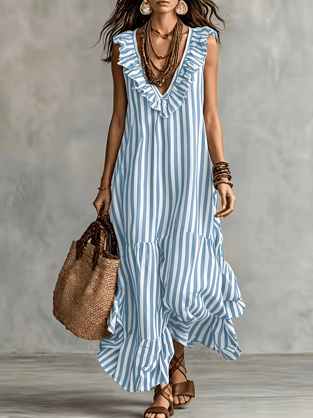 Striped Ruffled V Neck Boho Maxi Dress for Vacation