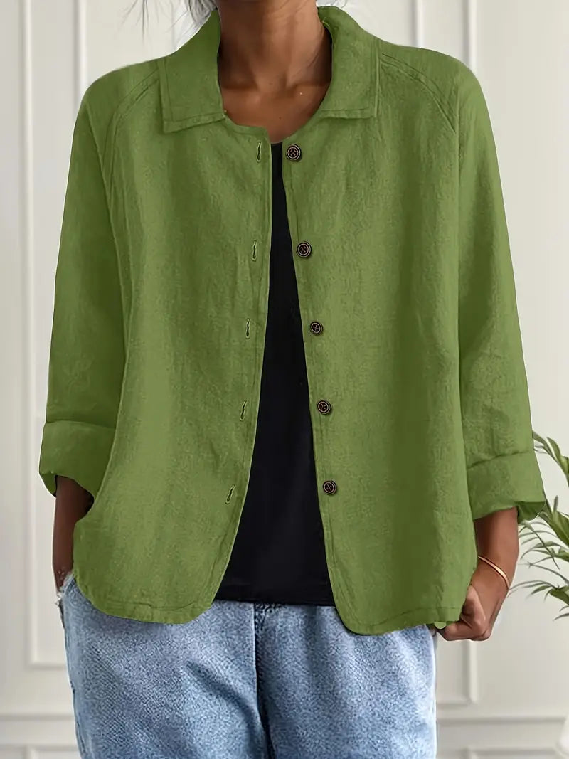 Textured Button Front Collared 3/4 Sleeve Linen Blazer