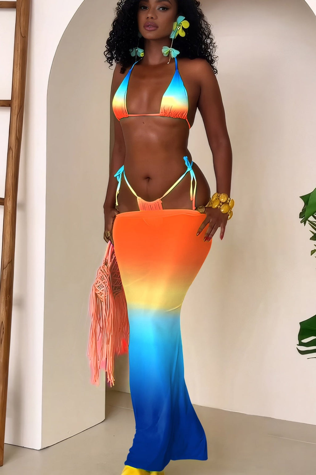 Ombre Halter Backless Three Piece Swim Set