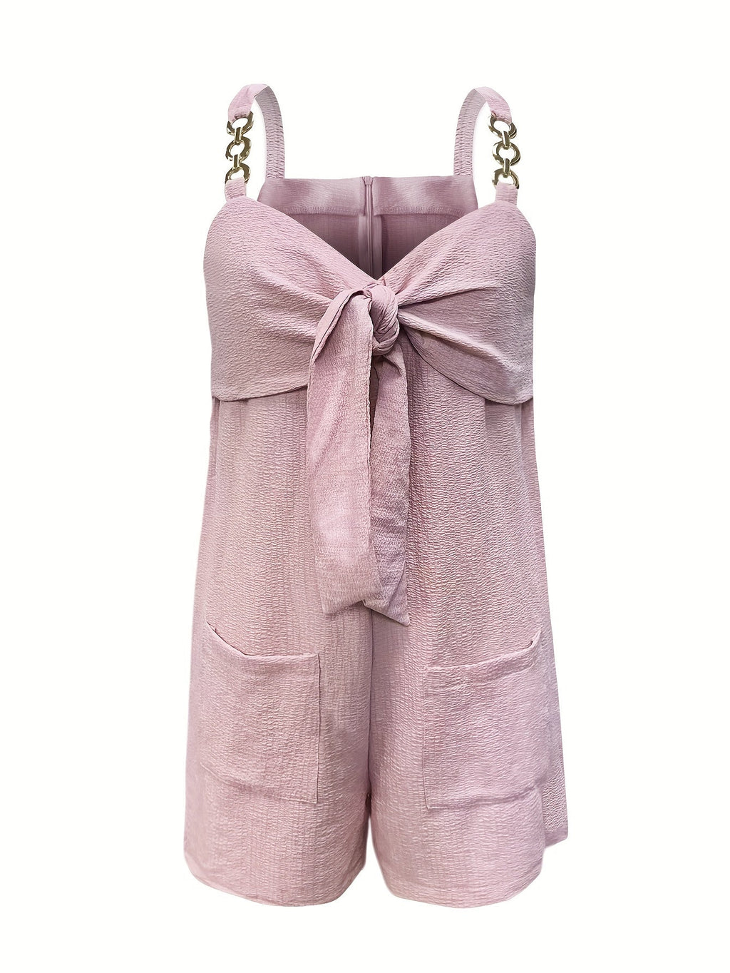Chain Strap Bow Front Sweetheart Neck Textured Short Romper