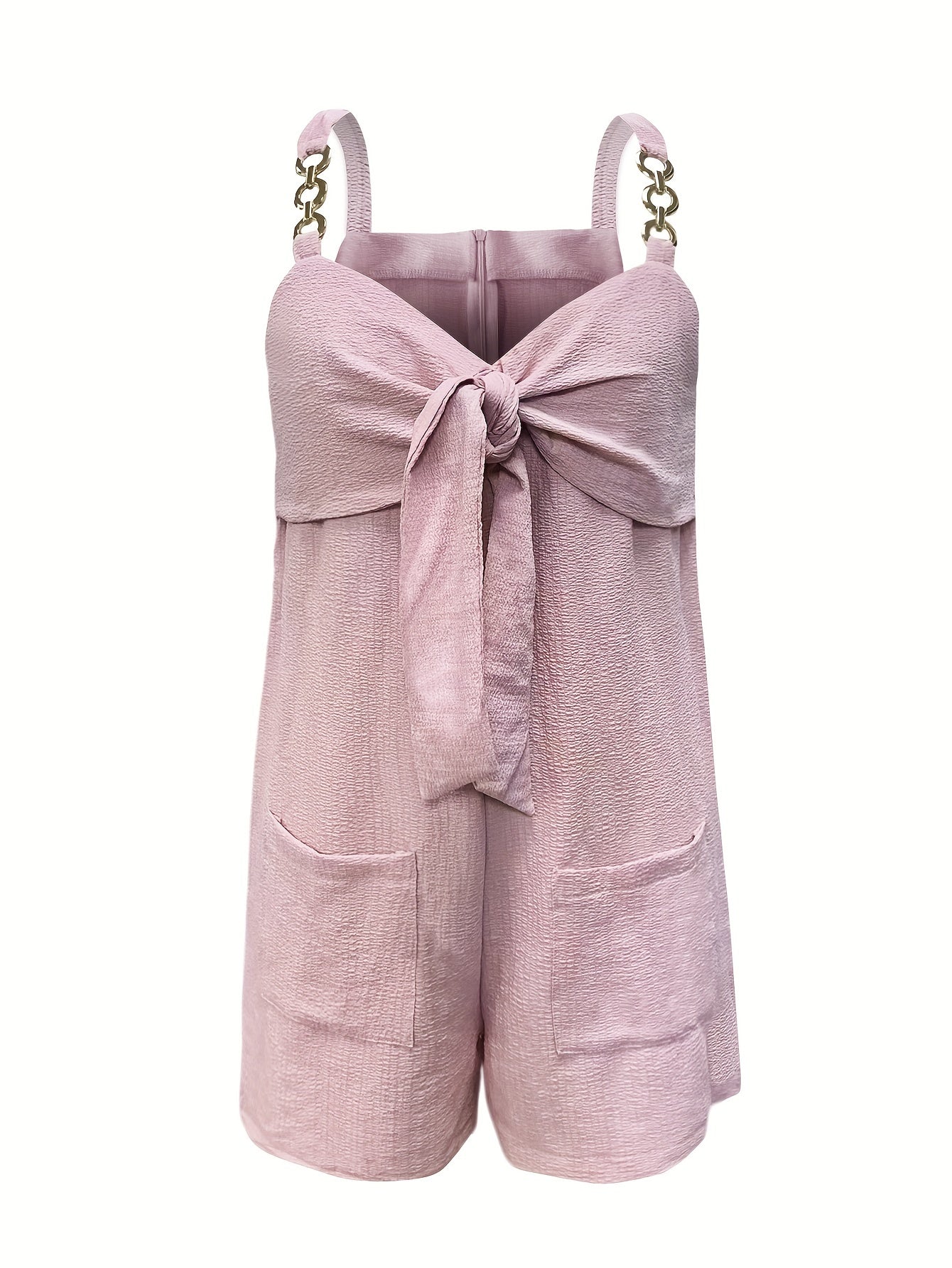 Chain Strap Bow Front Sweetheart Neck Textured Short Romper