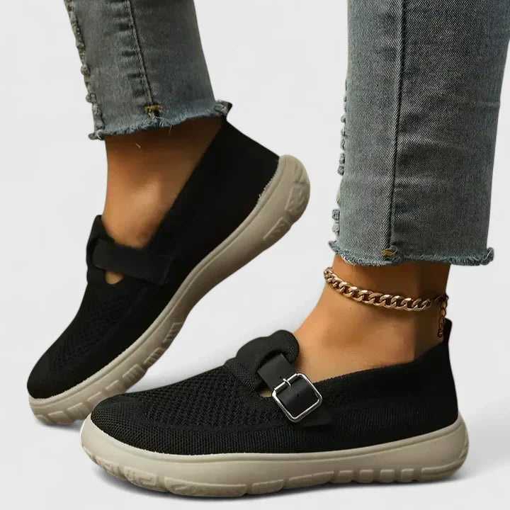 Buckle Strap Mesh Knit Slip On Casual Sneaker