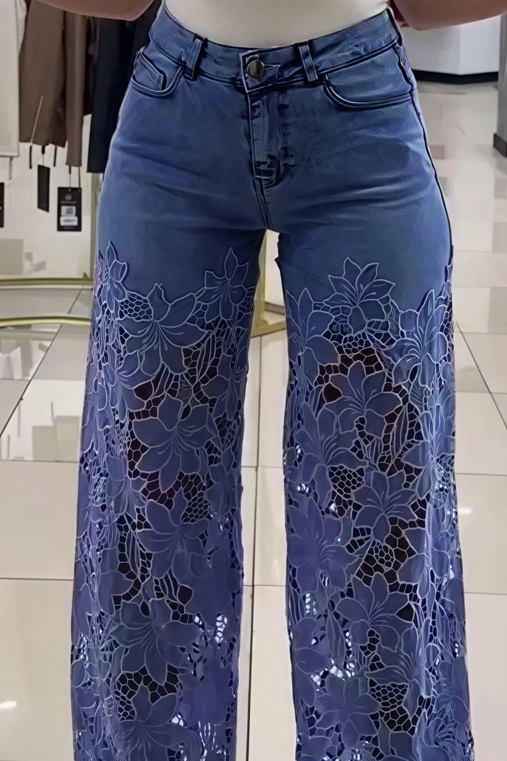 Lace Spliced Hollow Straight Jeans