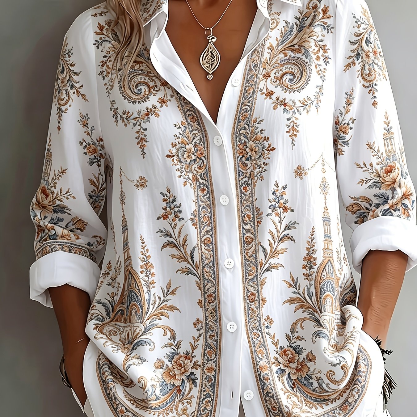 Floral Paisley Print Long Sleeve Oversized Casual Blouse