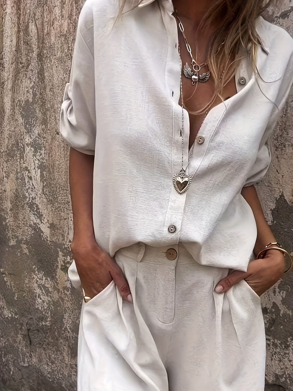 Shimmer Linen Collared Button Down Top and Short Set
