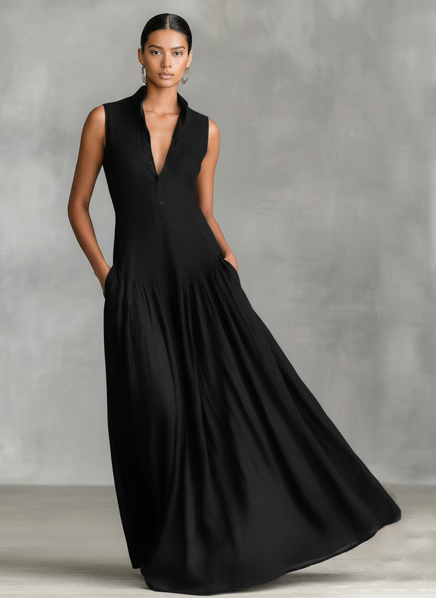 Button Placket Stand Collar Sleeveless Flowy Maxi Dress