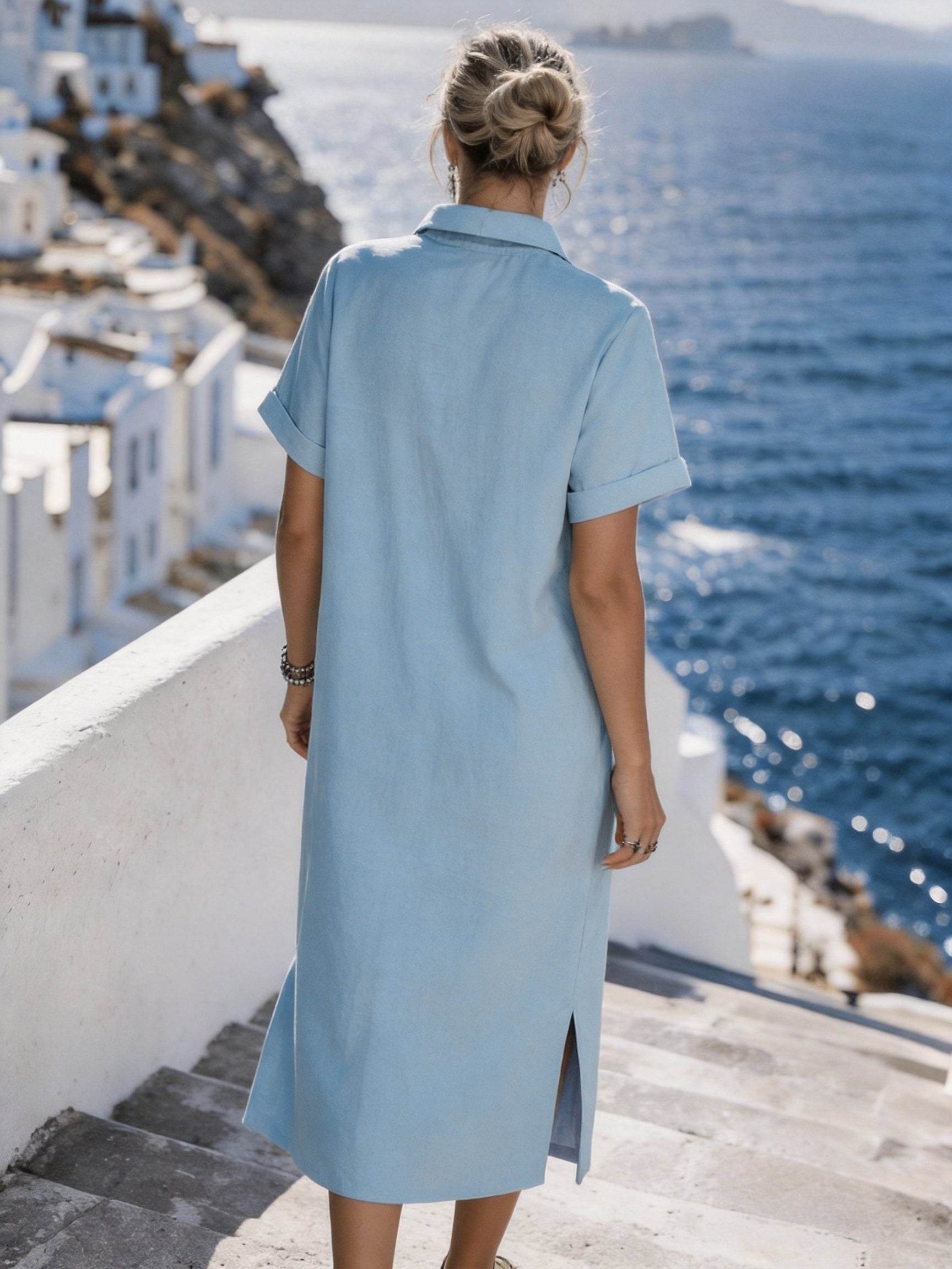 Button-Front Short Sleeve Shirt Dress for Vacation