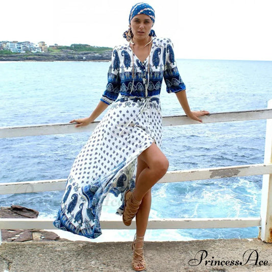 Eclectic Azure Flower Pattern Plunging Neckline Cinched Waist Summer Dress