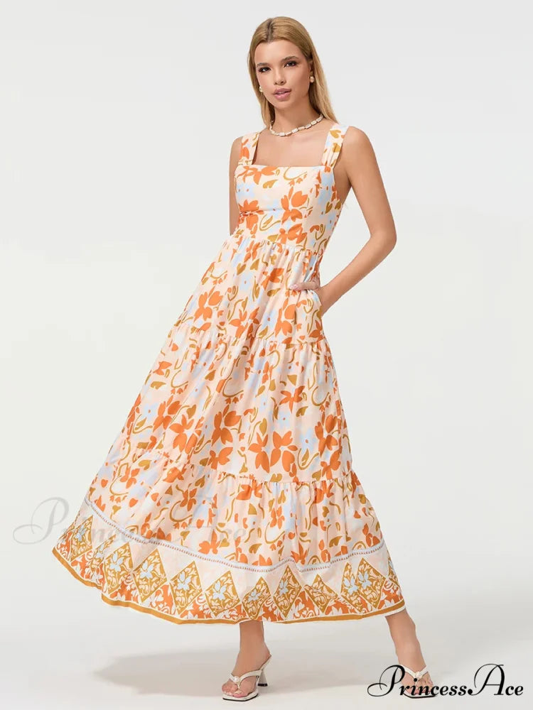 Eclectic Flower Geometric Pattern Flow Tank Square Neck Sleeveless A-Line Dress