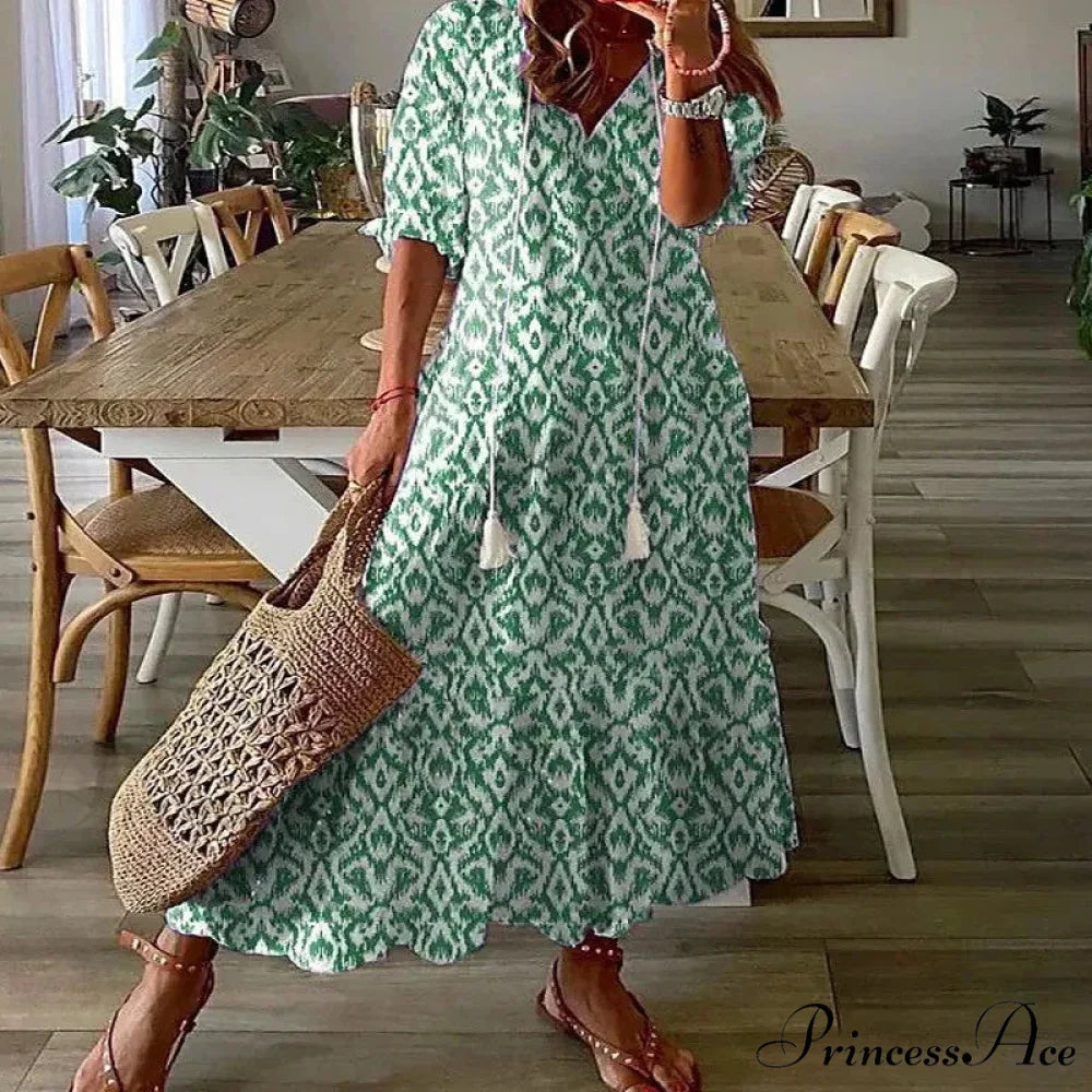 Eclectic Retro Flowery Plunging Neckline Summer Beach Dress
