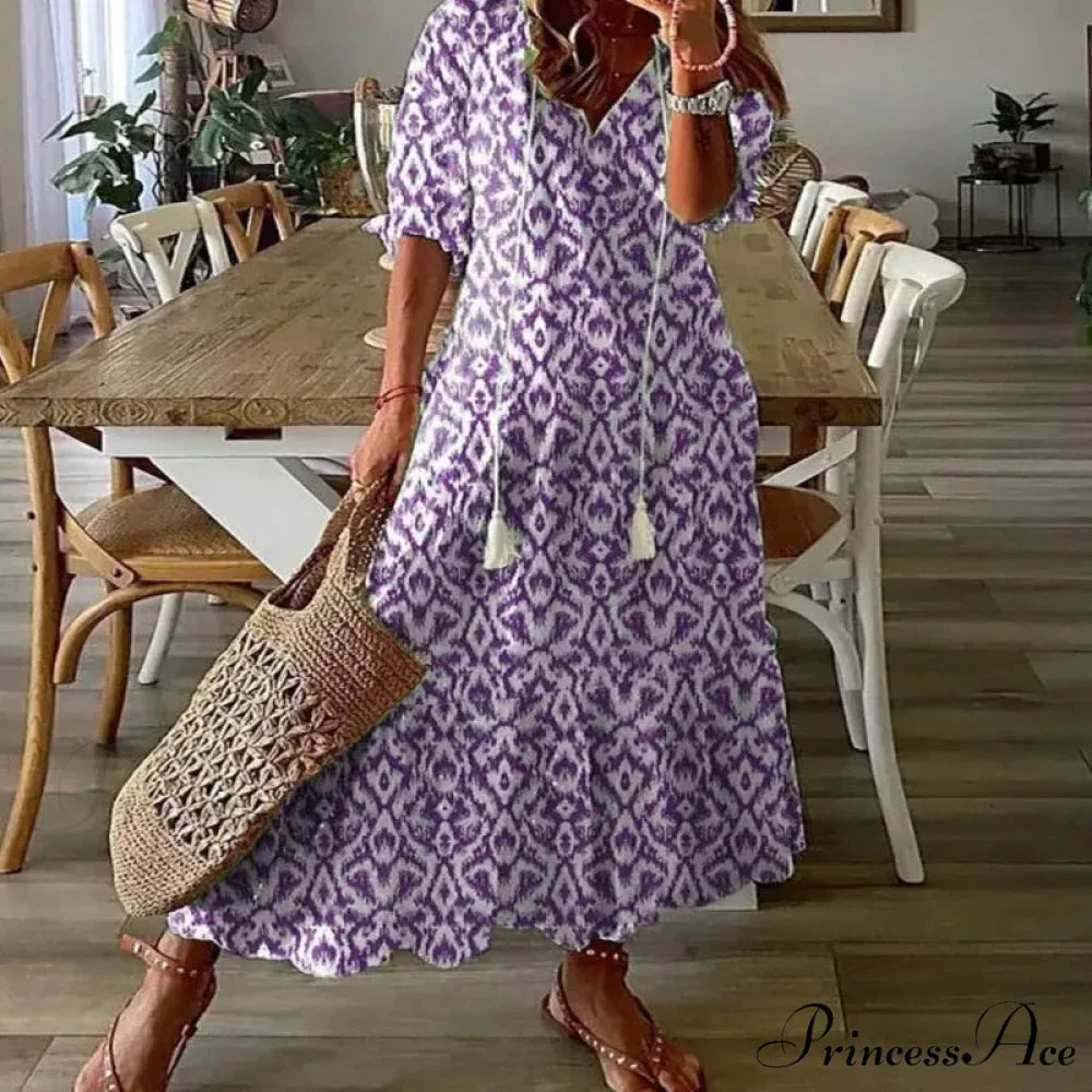 Eclectic Retro Flowery Plunging Neckline Summer Beach Dress