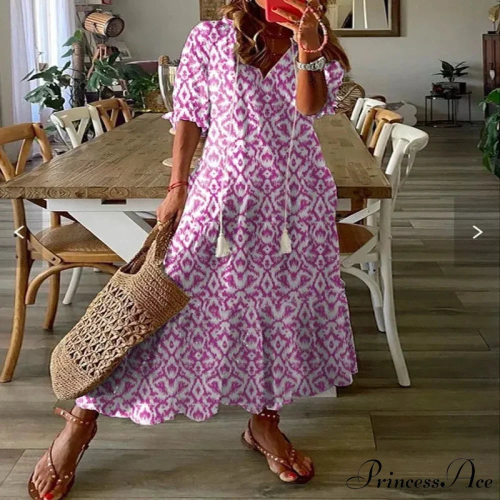 Eclectic Retro Flowery Plunging Neckline Summer Beach Dress