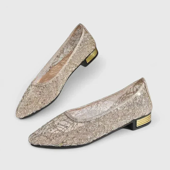 Sequin Lace Mesh Pointed Toe Gold Heel Ballet Flat