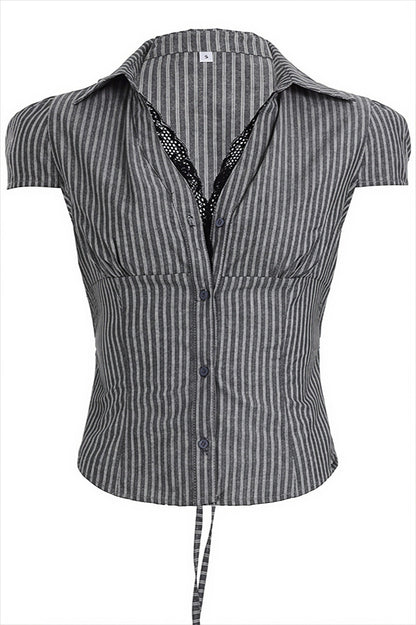 Casual Slim Lace Striped V Neck Blouse
