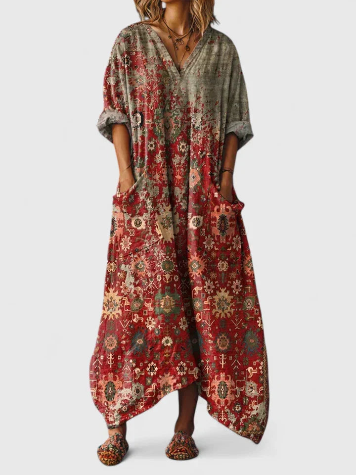 Paisley Print V Neck Patch Pocket Oversized Boho Maxi Dress