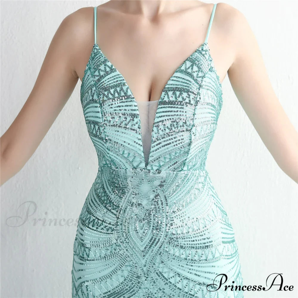 Woman wearing Mint Sequin Lace-Up Mermaid Prom Gown from Hicosy — view 5