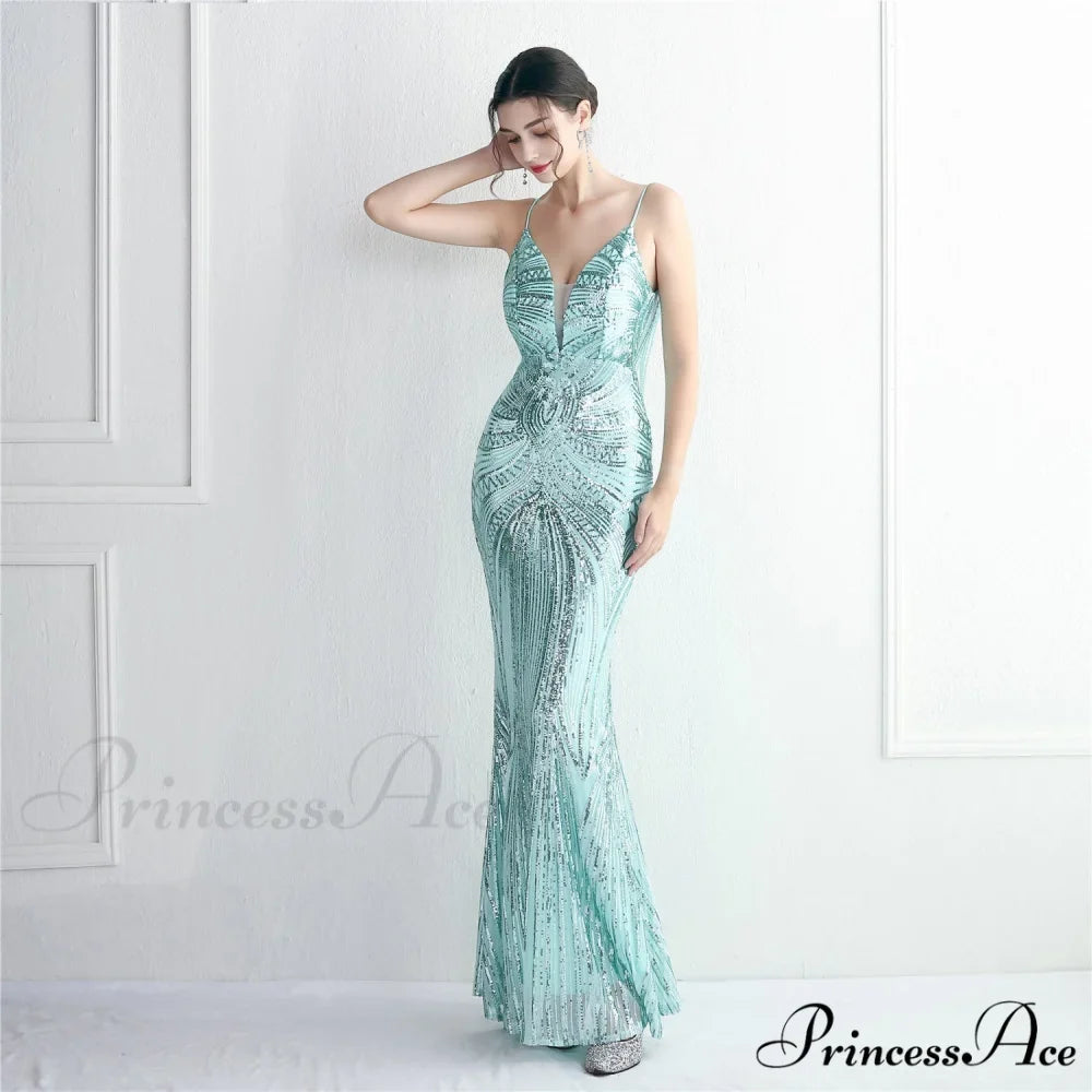 Woman wearing Mint Sequin Lace-Up Mermaid Prom Gown from Hicosy — view 2