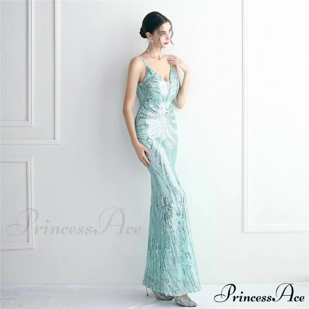 Woman wearing Mint Sequin Lace-Up Mermaid Prom Gown from Hicosy — view 3