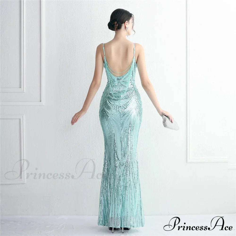 Woman wearing Mint Sequin Lace-Up Mermaid Prom Gown from Hicosy — view 4
