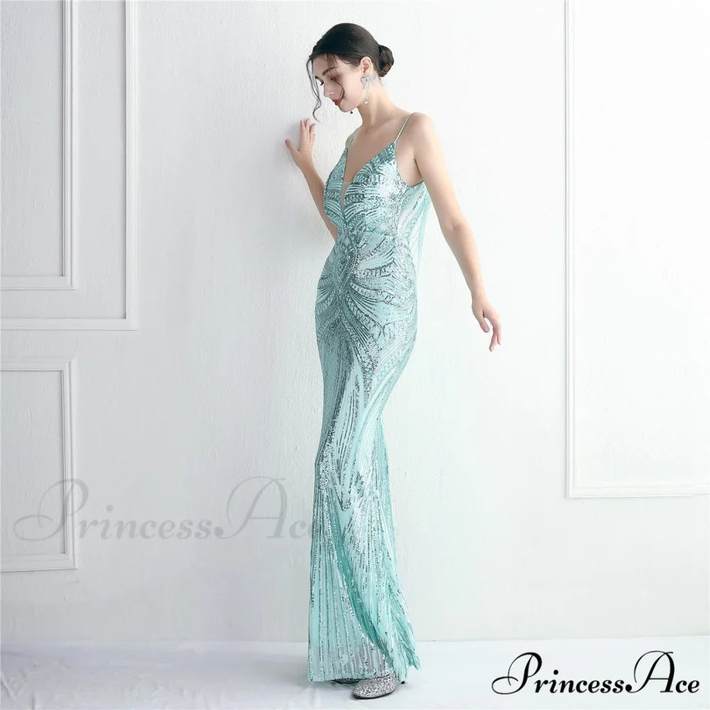 Woman wearing Mint Sequin Lace-Up Mermaid Prom Gown from Hicosy — view 6