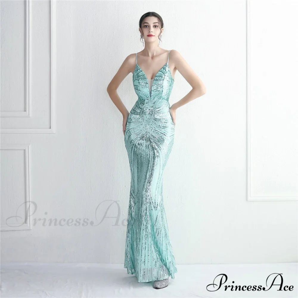 Woman wearing Mint Sequin Lace-Up Mermaid Prom Gown from Hicosy