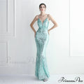Woman wearing Mint Sequin Lace-Up Mermaid Prom Gown from Hicosy