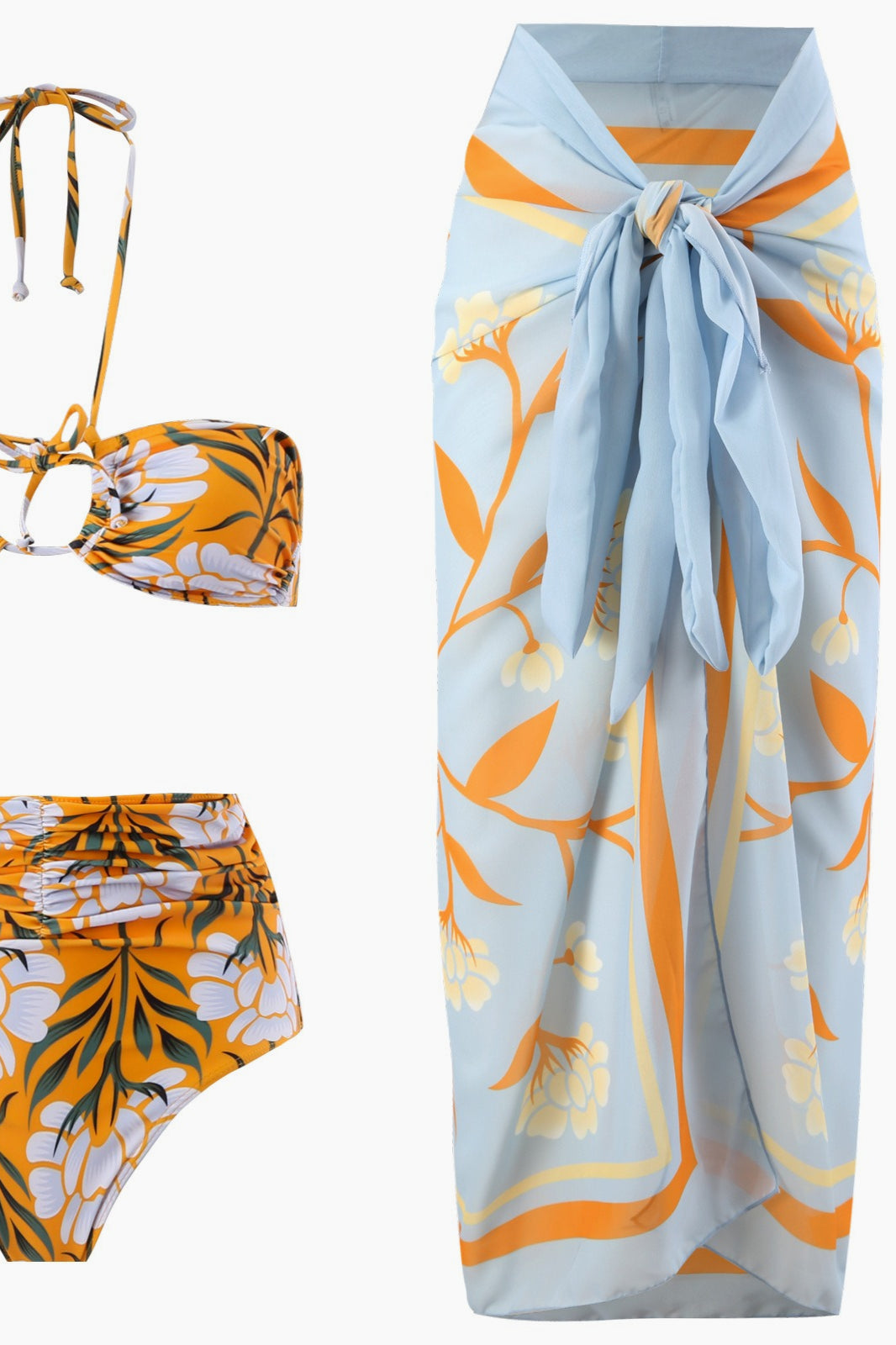 Fresh Print Long Skirt Three Piece Swim Set