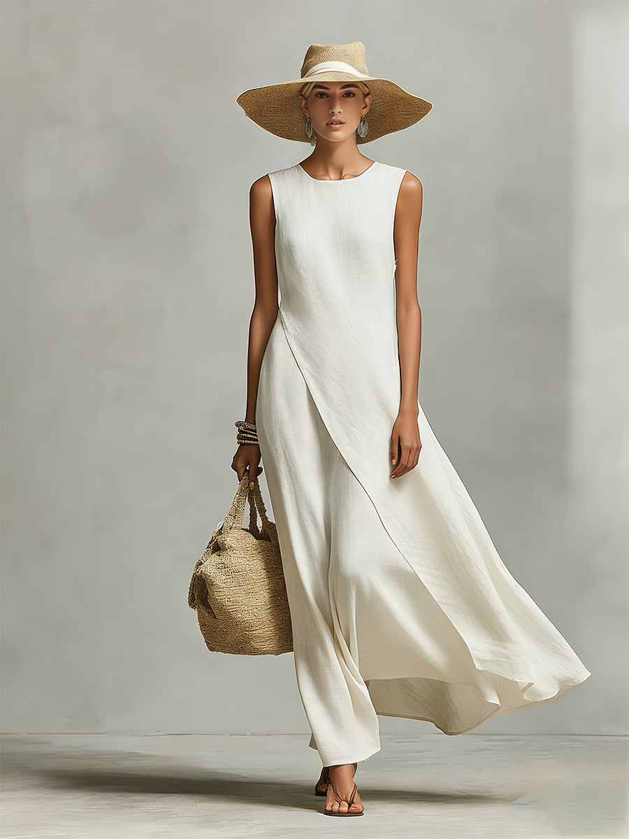 Asymmetric Hem Sleeveless Flowy Linen Maxi Dress