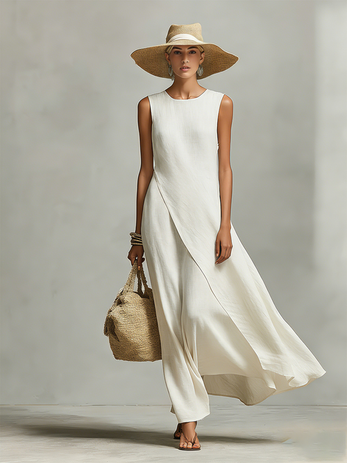 Asymmetric Hem Sleeveless Flowy Linen Maxi Dress