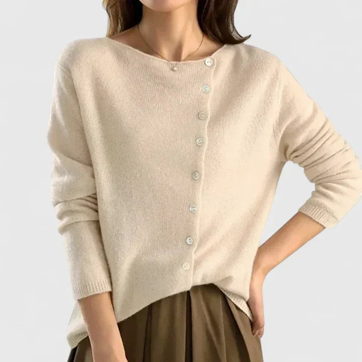 Calizhyah | Women's Asymmetrical Button-Up Knit Cardigan, Fitted V-Neck – Smart Casual