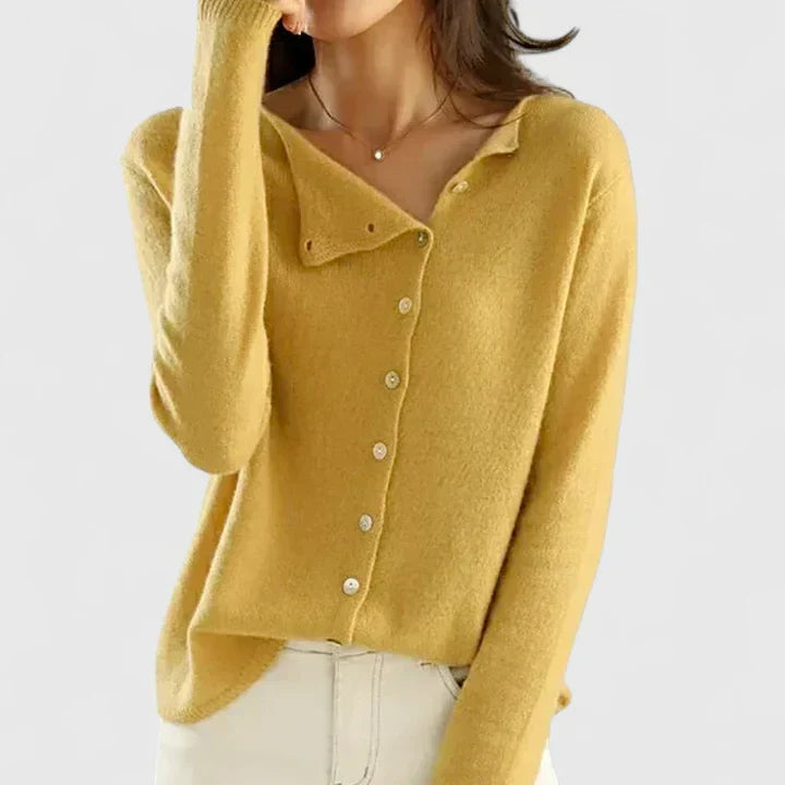 Calizhyah | Women's Asymmetrical Button-Up Knit Cardigan, Fitted V-Neck – Smart Casual