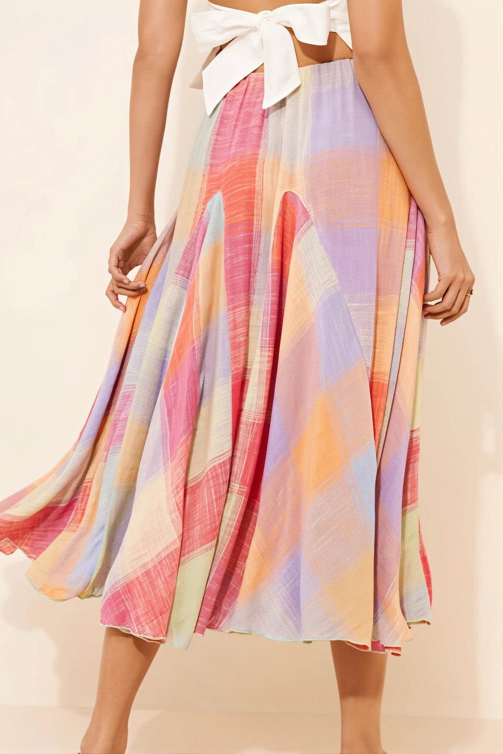 Elastic Waist Colorful Plaid Flared Maxi Skirt