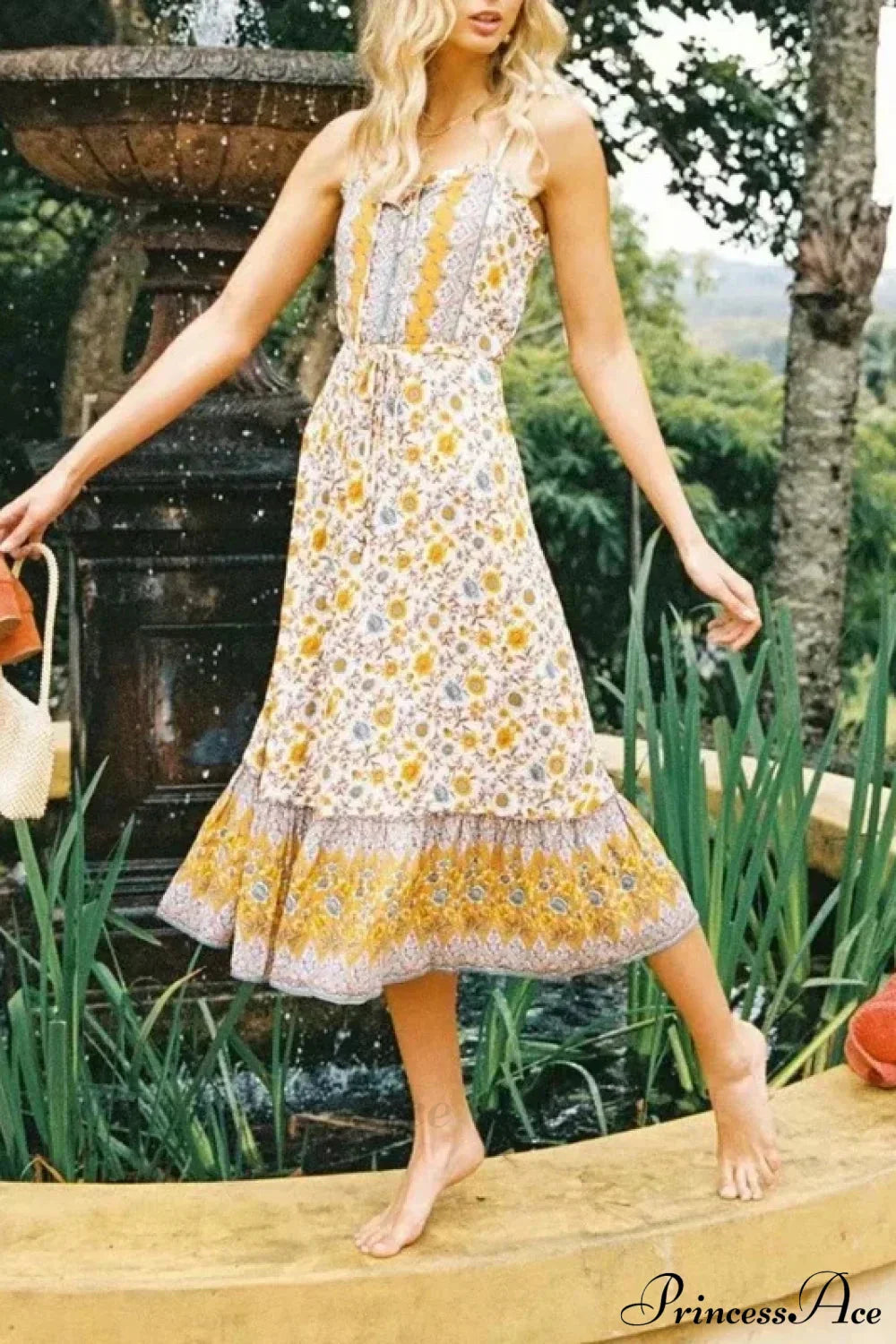 Elegant Sleeveless Floral Rayon Cotton Midi Boho Dress