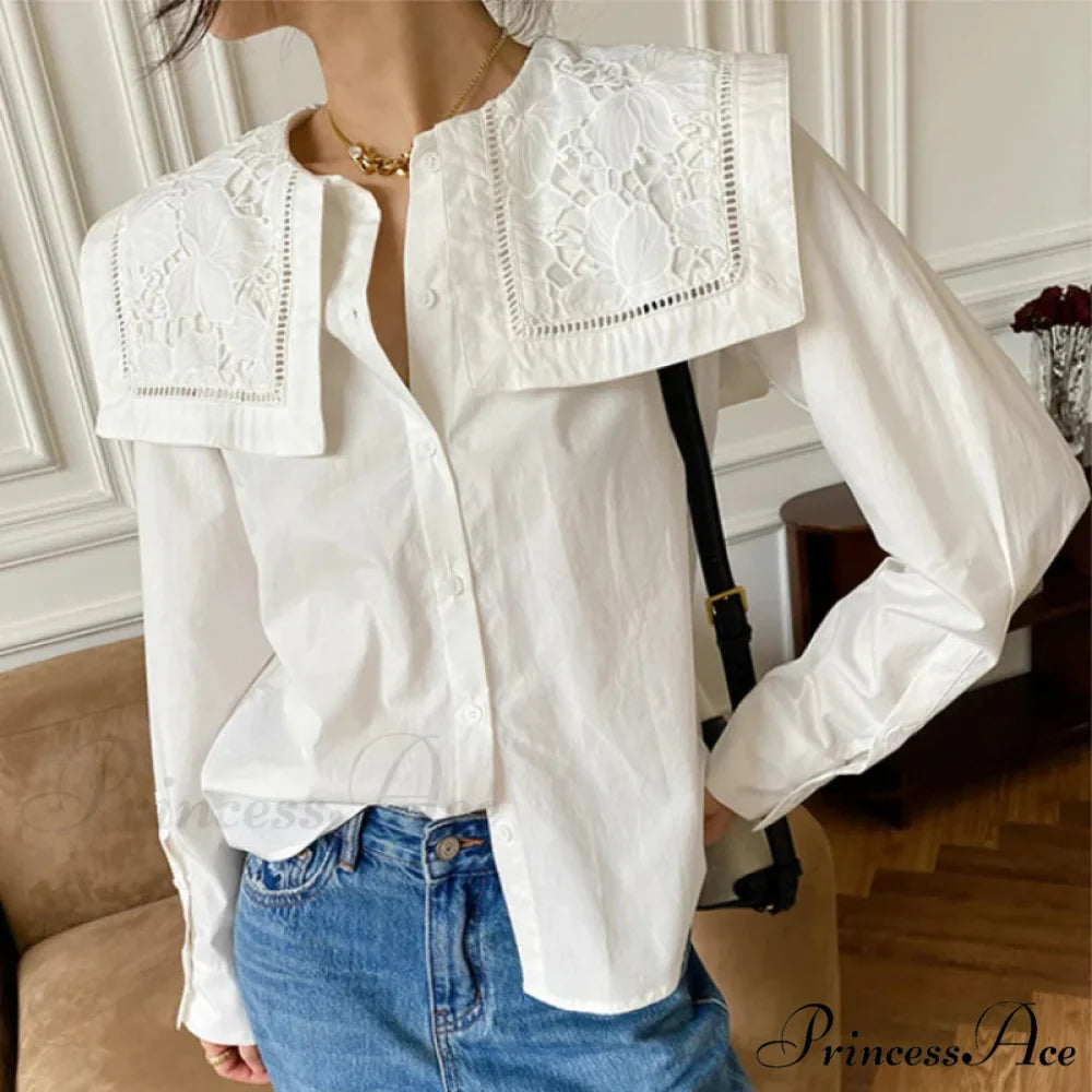 Embroidered Flower Neck Long Sleeve Cotton Boho Top