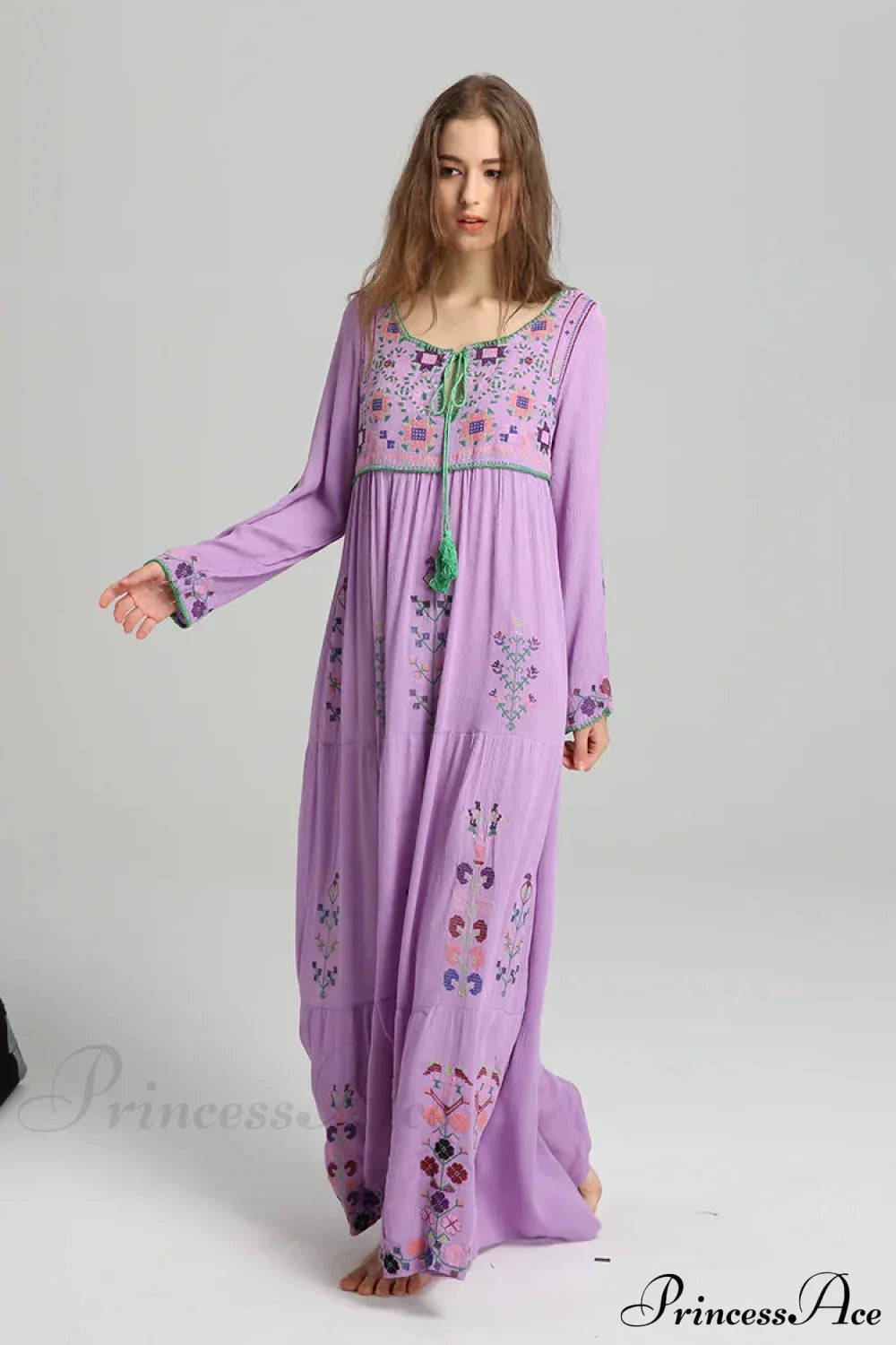 Embroidery Floral Long-sleeved Gypsy Maxi Boho Dress
